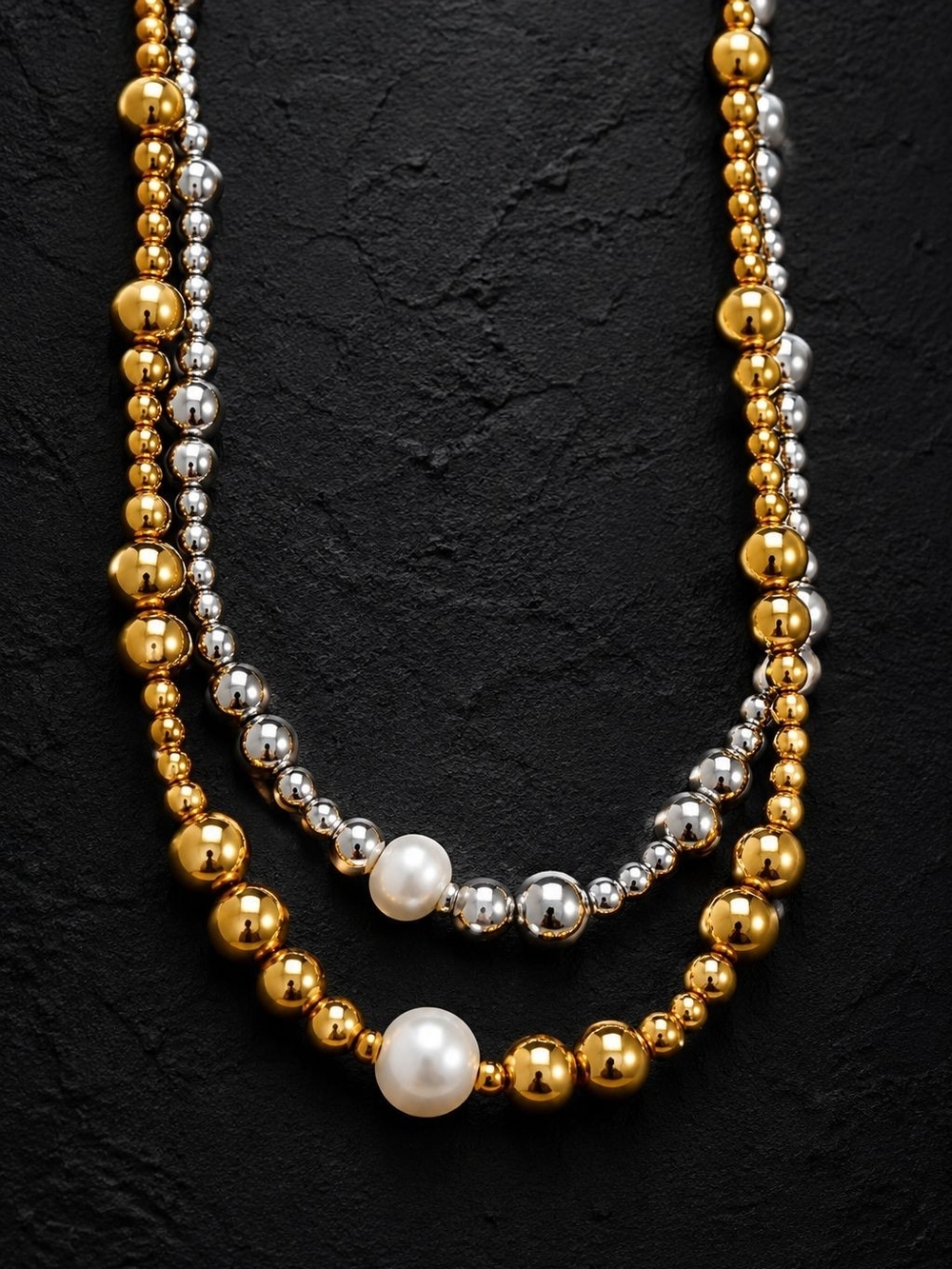 Silver color Beaded Necklace with Pearl Accent - Picture 3 of 8